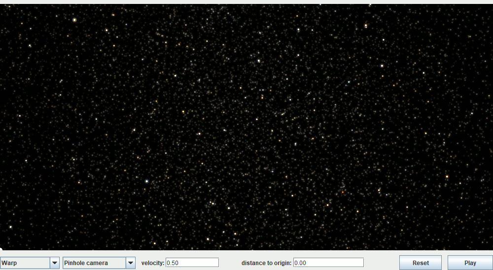 JRelStarFlight at 0.5c: a sparse, dim, slightly warm star field with no obvious distortion