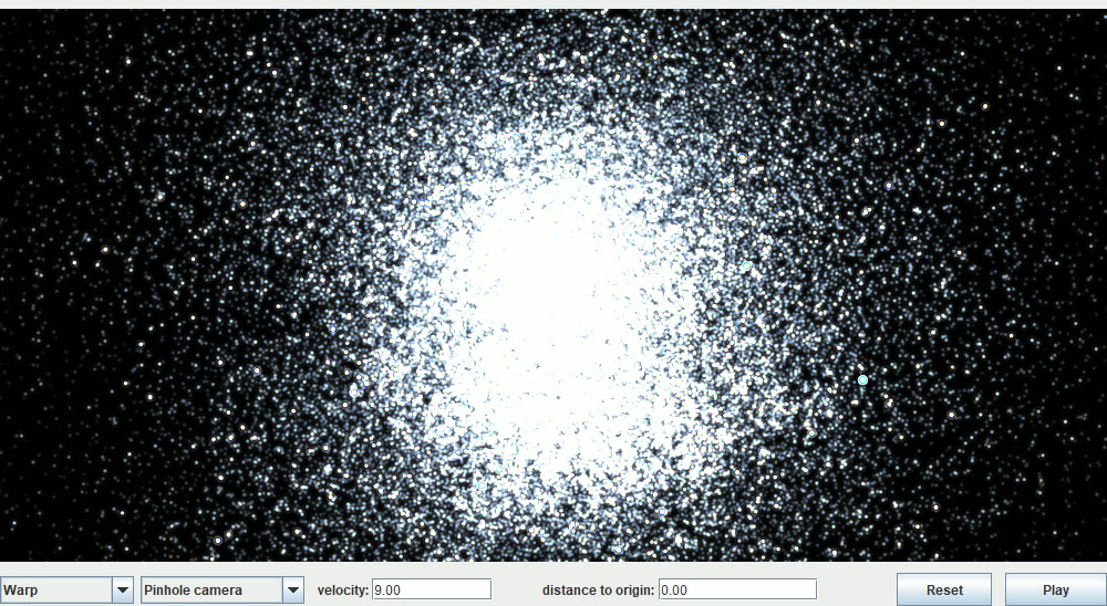 JRelStarFlight at 9c: the whole sky compressed into a saturated blue-white disc ahead