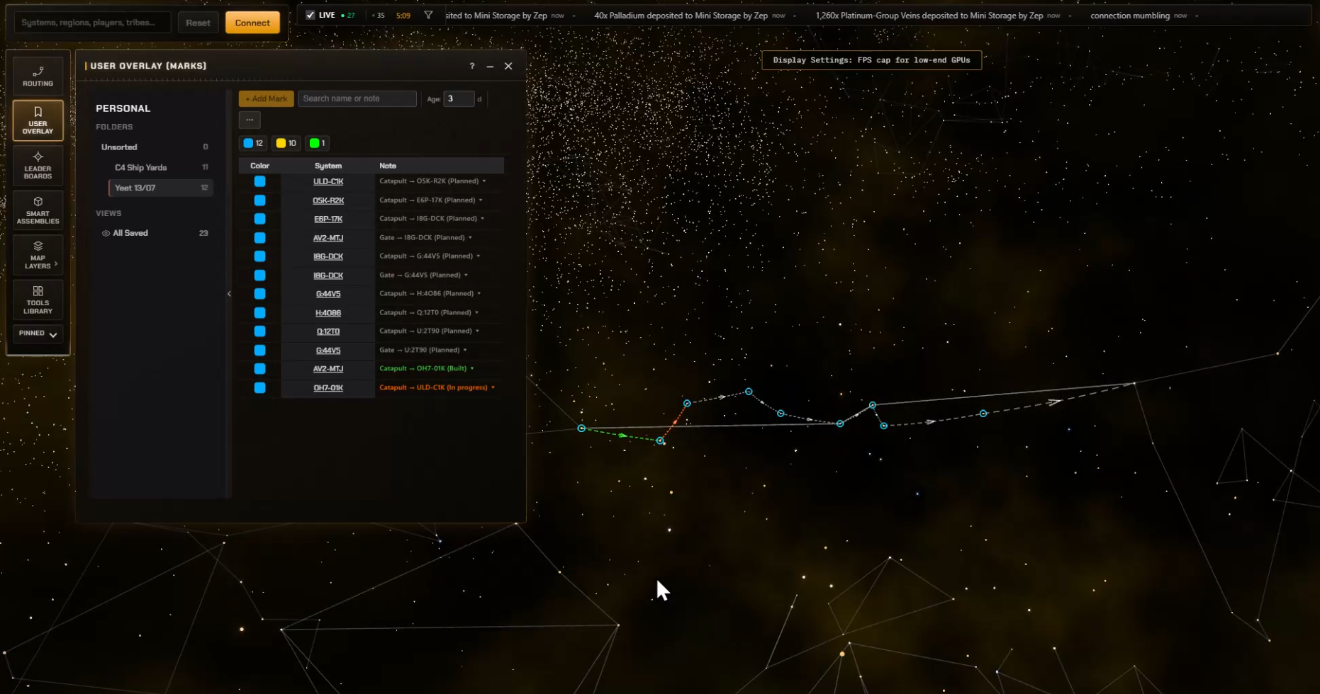 EF-Map user overlay showing a Yeet Planner route saved as bookmark links: a dated folder of catapult and gate marks with Planned, In progress and Built statuses, drawn across the star map