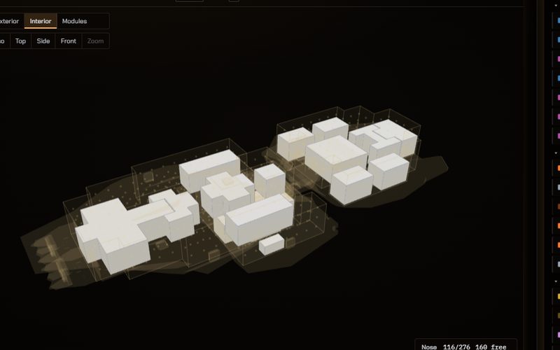 RootFit's 3D preview with module blocks placed inside the Creation hull