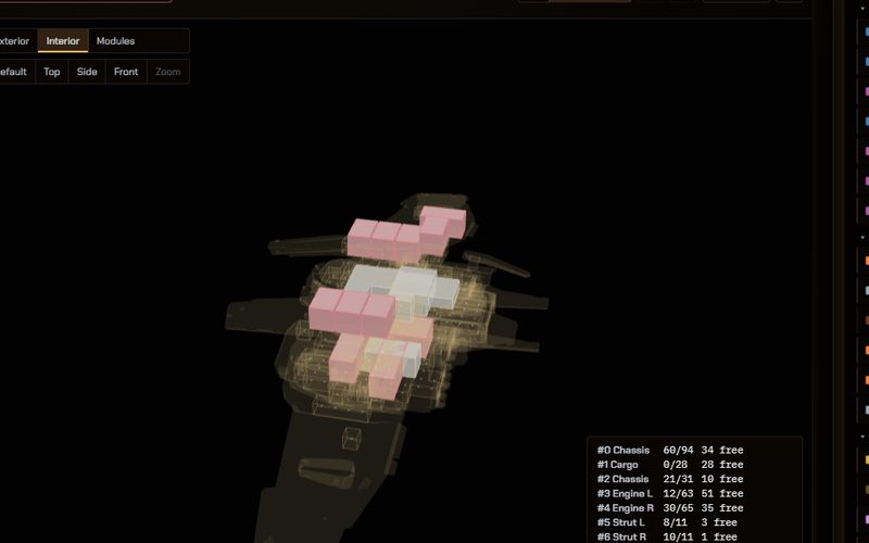 RootFit's 3D view with modules packed inside a ship hull