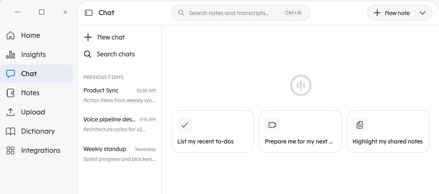 OpenWhispr's main window: a sidebar with Home, Insights, Chat, Notes, Upload, Dictionary and Integrations, a list of recent chats, and three suggestion cards.