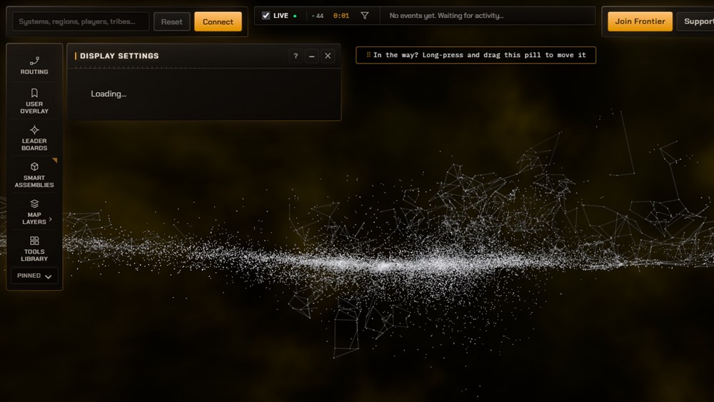 EF-Map just after startup: the star map is already rendered and interactive while the Display Settings drawer has opened as a frame with a small grey Loading note where its body will be