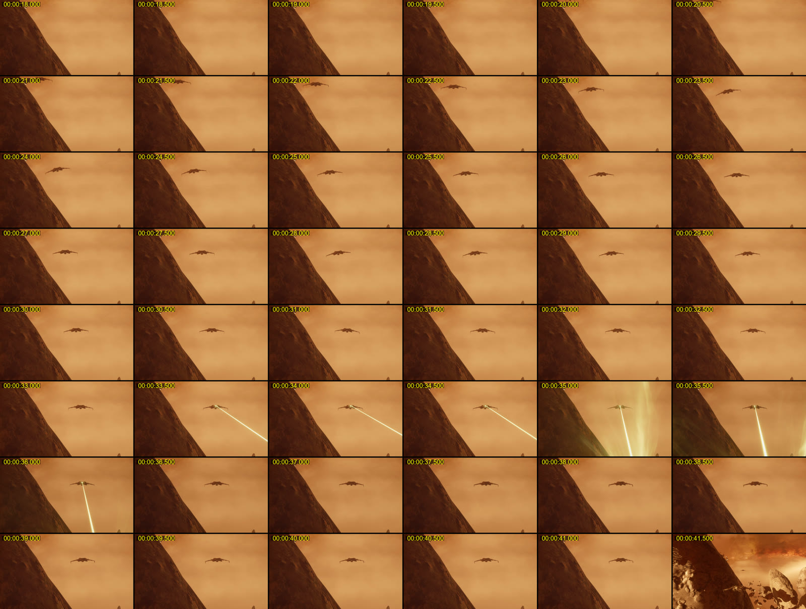 A contact sheet of 48 small frames from one EVE Frontier clip, two per second: a dark rock slope on the left of each frame, an orange sky, and a ship that appears at the top, glides down to the middle and fires a laser beam towards the camera.