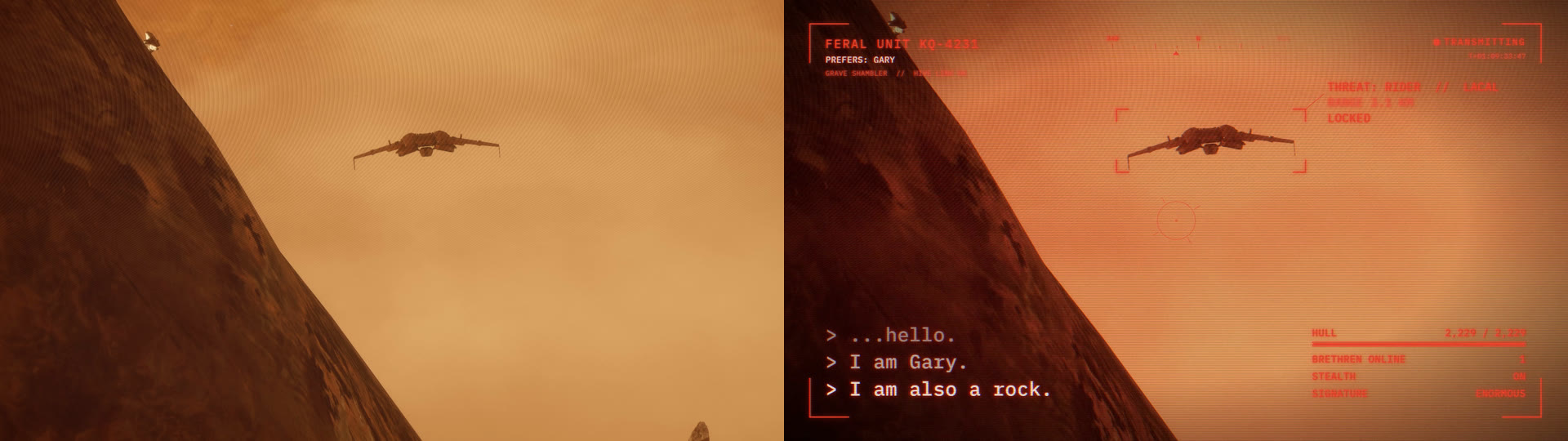 Two versions of the same EVE Frontier frame side by side. Left, the raw clip: a ship hovering beside a rock in an orange haze. Right, the finished video: the same frame graded red with scan lines, red brackets locked on the ship labelled Threat: Rider, Lacal, a hull and stealth readout, and the lines hello, I am Gary, I am also a rock.