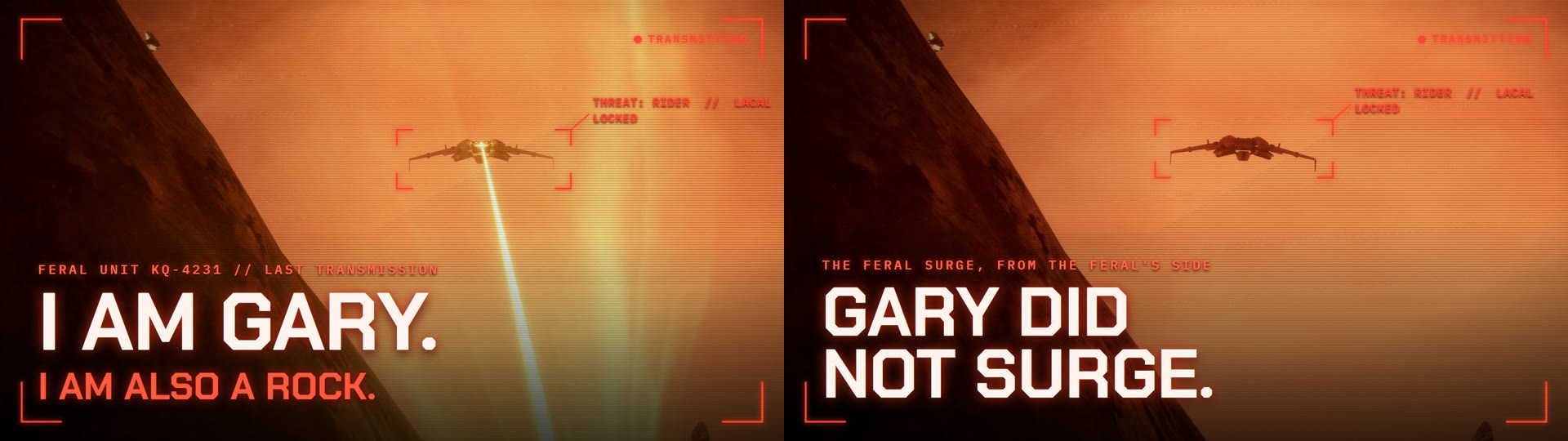 Two YouTube thumbnail options side by side in the red drone HUD style. A reads I am Gary, I am also a rock, with a laser beam coming at the camera. B reads Gary did not surge, with the ship locked in red brackets.