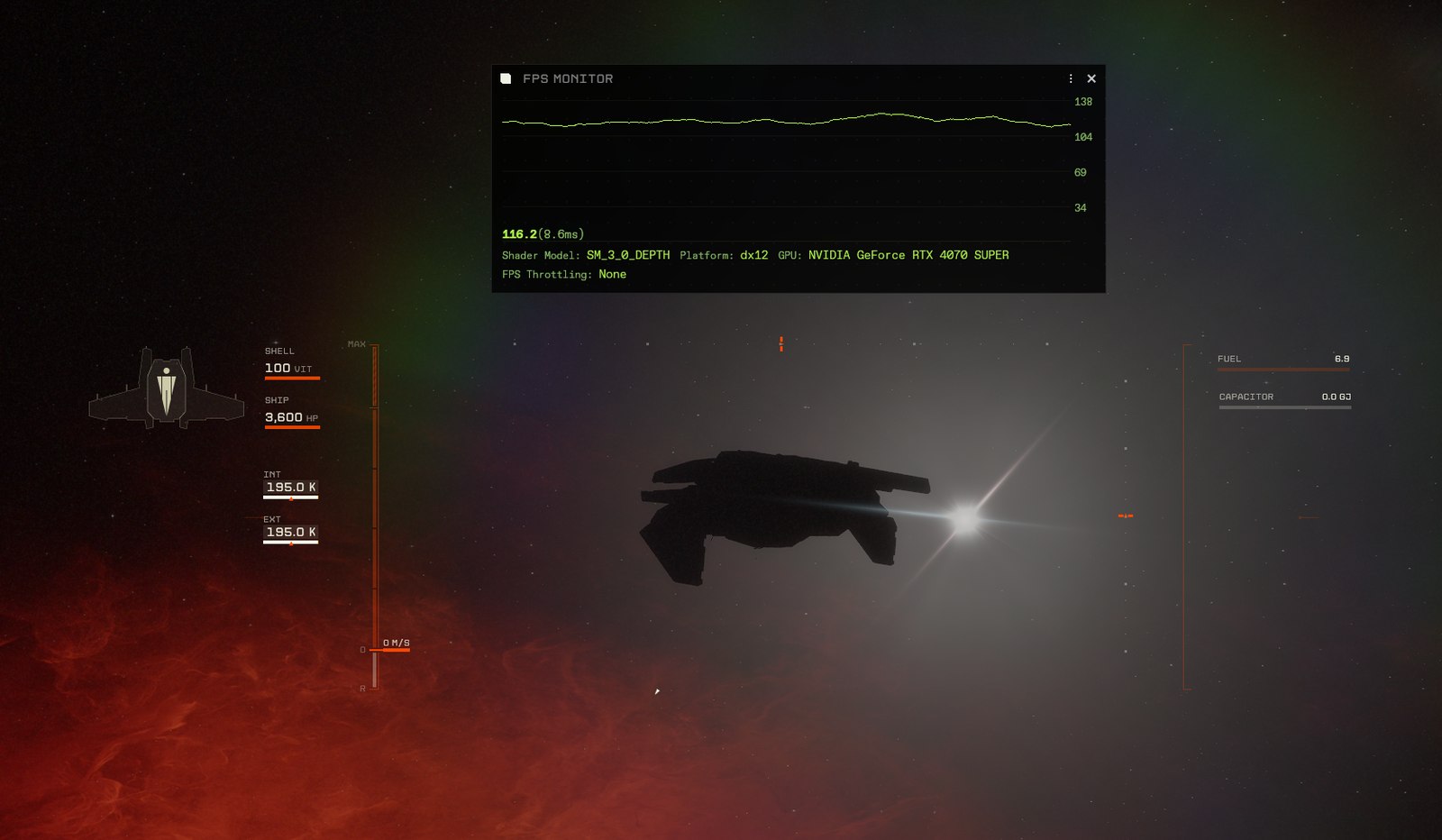 EVE Frontier running maxed out in open space, smooth frame delivery on an RTX 4070 Super