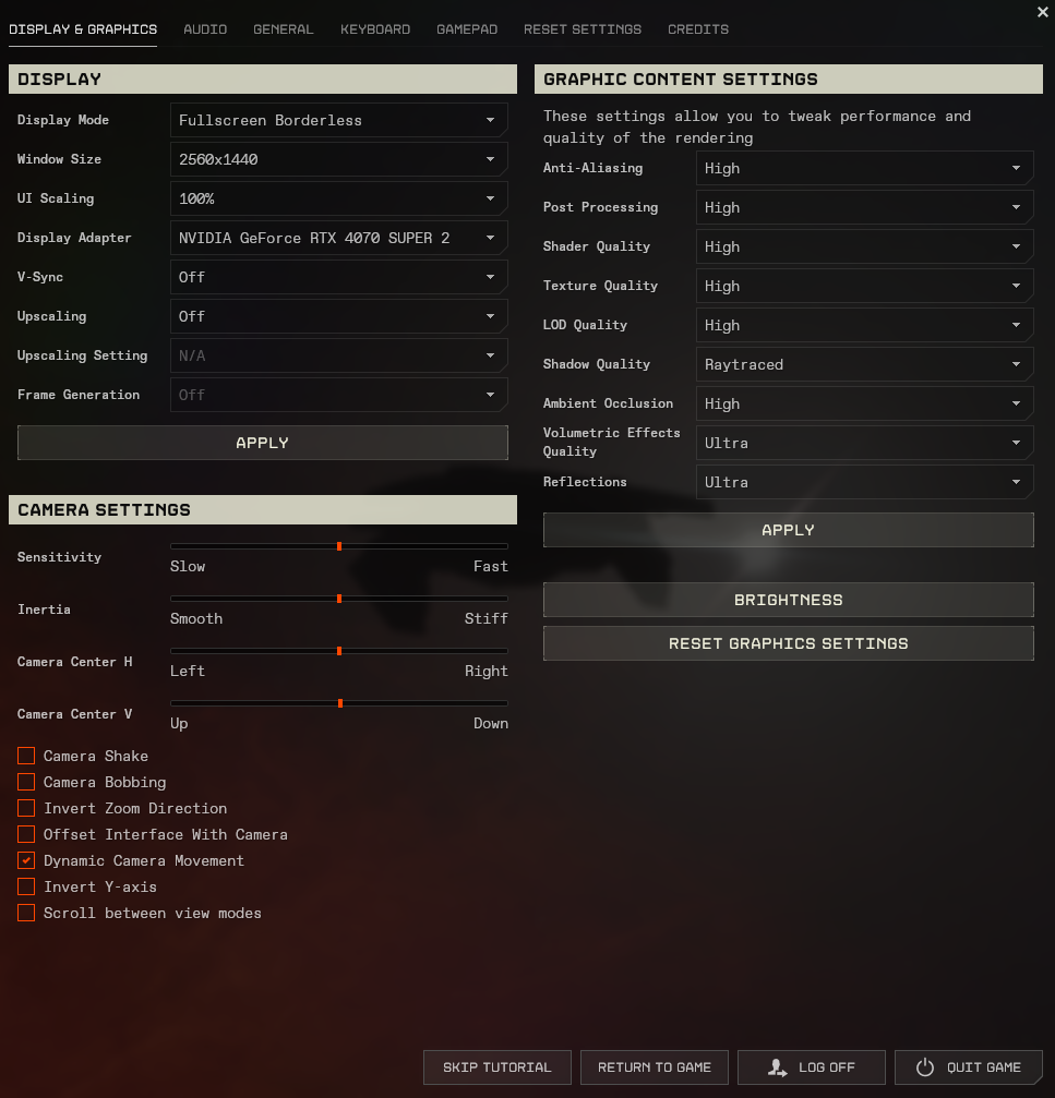 The EVE Frontier graphics settings screen showing quality presets and individual toggles including ray tracing
