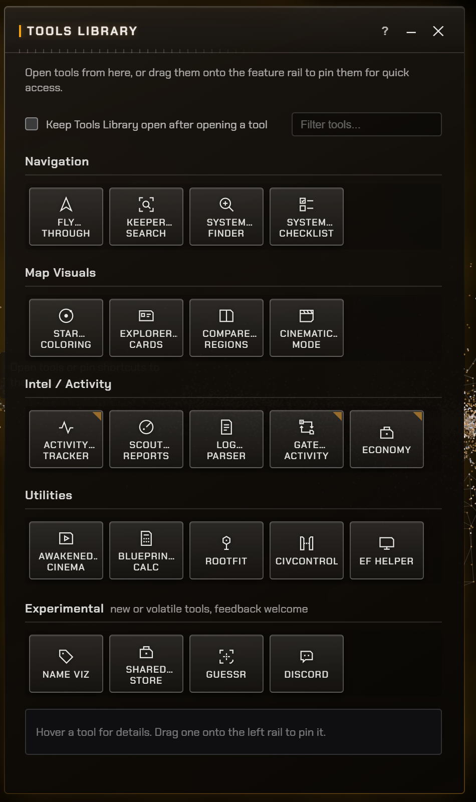 The EF-Map Tools Library with the Intel / Activity section showing small clipped-corner marks on the Activity Tracker, Gate Activity and Economy tiles, while Scout Reports and Log Parser remain unmarked free tools